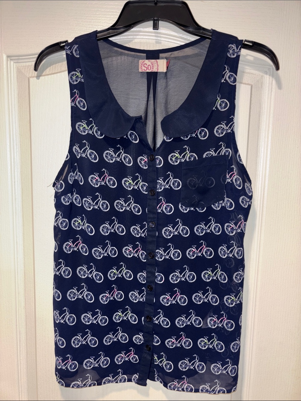 SO Navy Sleeveless Blouse with White Bicycle Print